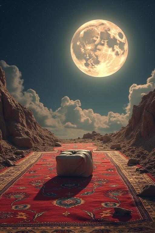 Illustration of a mystical setting featuring an ornate carpet under a large moon. The scene symbolizes the cryptocurrency market filled with hopes and risks. Rock formations surround the carpet, creating a surreal atmosphere.