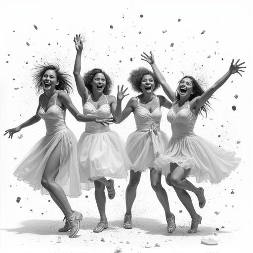 Full body view of four happy women in white dresses against a white background celebrating. The scene captures intense festivity with disorder and humor, resembling styles of Norman Rockwell and Robert McGinnis. A whimsical and captivating visual. Medium is pencil drawing.