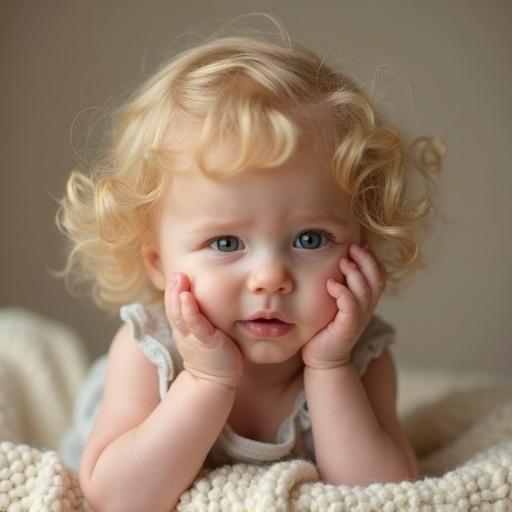 Create a realistic photo of a child with blond hair. The child looks thoughtful. Appears around five years old. Focus on the child's face. Use soft lighting and neutral background.