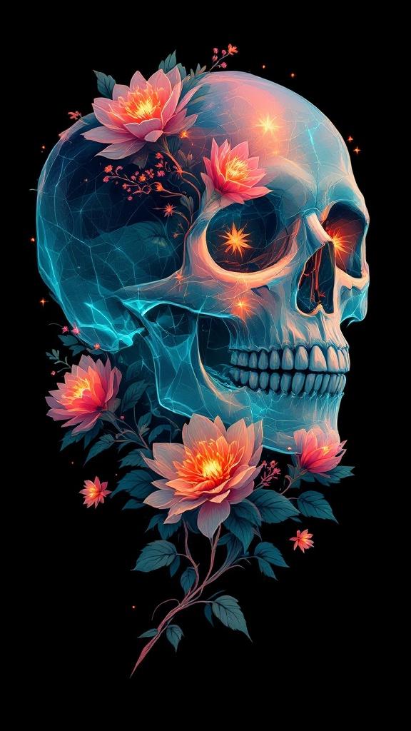 Vector design of a skull with floral elements. Skull is partially transparent. Glowing flowers and leaves emerge from the skull. Background is black. Highly detailed for t-shirt graphic.