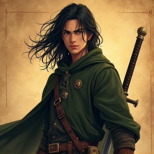 Anime-style digital illustration of a young male character with long wavy black hair and pointed ears. He wears a dark olive cloak over a ranger's outfit equipped with two short swords and an investigator badge. The background features an old papyrus design. The artwork showcases soft warm lighting emphasizing dramatic shadows and cinematic composition.