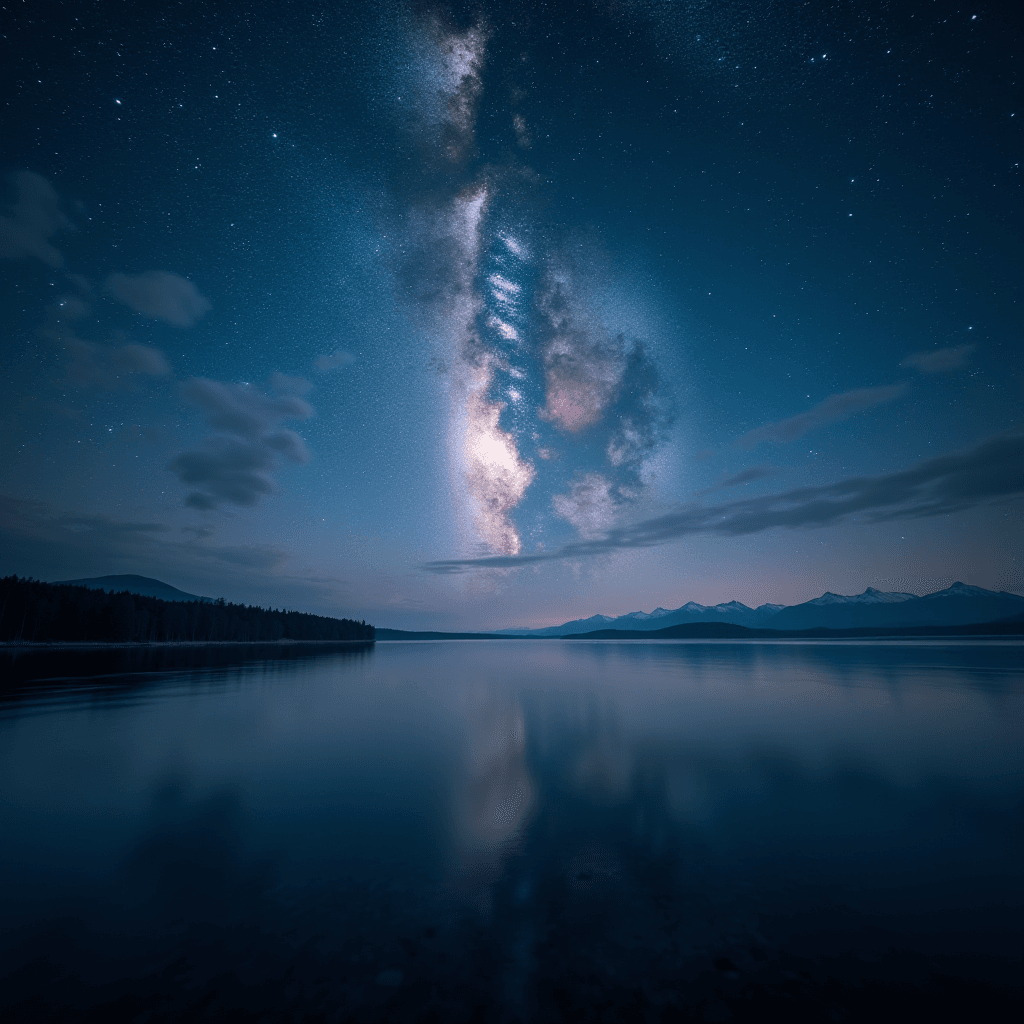 A vibrant night sky with the Milky Way reflects on a still mountain lake.