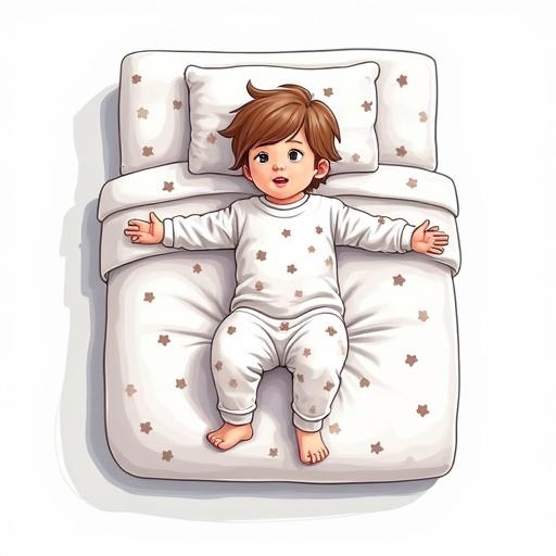 An illustration of a child's pajamas laid out on a white bed. The animation style is youthful and vibrant, suitable for a pictogram aimed at a 7-year-old child.