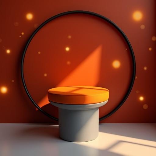 Sleek modern minimalist stool design. Vibrant circular orange cushion on broader matte gray cylindrical base. Wider gray circular platform adds balance and stability. Large ultra-thin black circular frame creates halo effect. Rich Diwali-inspired gradient background with deep maroon and saffron. Soft glowing golden bokeh lights evoke warmth and joy. Soft diffused lighting highlights the base and form interplay.