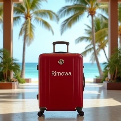 Red Rimowa suitcase in tropical hotel lobby. 'Rimowa' written in white on suitcase. Ocean and palm trees visible in background. Suitcase handle extended. Text 'Live in Luxury' styled like galactic sky above suitcase.