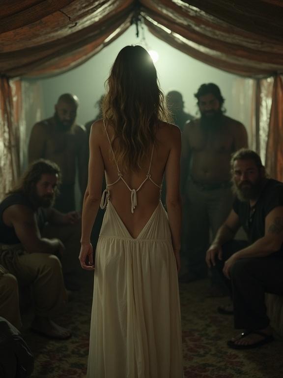 A woman in a slip dress stands inside a messy tent. Surrounding her are rugged men. The atmosphere is dim and gritty. The image appears low resolution and pixelated.