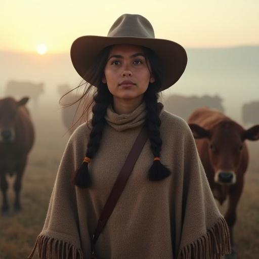 A gaucha guides a herd of cattle in misty Pampas grasslands at dawn. Dark hair braided and tied. Wearing wide-brimmed hat to shield face from sunrise. Fog wraps around woolen poncho. Cheeks pink from the chill. Calling to cows with low whistle. Profile sharp; has small scar on lower lip. Ethereal mist, earthy tones, rural authenticity, wide-angle shot