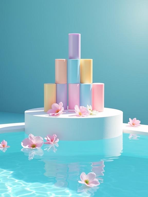 Product photography featuring a clean architectural style. Eight Moana Butter Creams stacked in a perfect pyramid on a white plaster cube pedestal. The pedestal is in a shallow, clear, calm circular pool. Floating flower petals match the cream colors. The background is a light sky blue curved wall. Bright overhead lighting creates beautiful caustic light patterns in the pool.