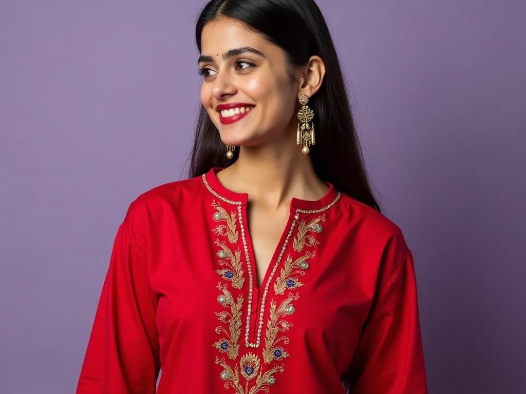 The image features a woman wearing a vibrant red kurta adorned with intricate embroidery. She has long black hair and is smiling gracefully, which adds warmth to the composition. The background is a soft purple, providing a pleasing contrast to her outfit. Her accessories include traditional earrings that complement her attire beautifully. This portrait captures not only the elegance of traditional fashion but also the joy of wearing it. The lighting highlights her features delicately, enhancing the overall aesthetic of the image.