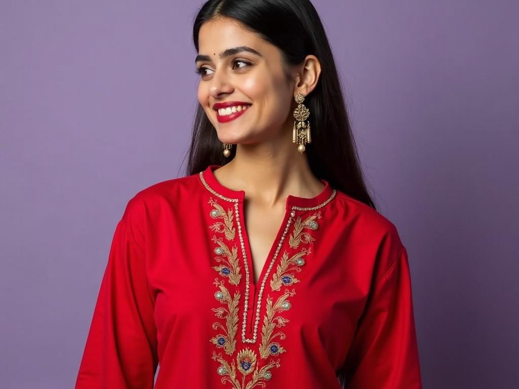 The image features a woman wearing a vibrant red kurta adorned with intricate embroidery. She has long black hair and is smiling gracefully, which adds warmth to the composition. The background is a soft purple, providing a pleasing contrast to her outfit. Her accessories include traditional earrings that complement her attire beautifully. This portrait captures not only the elegance of traditional fashion but also the joy of wearing it. The lighting highlights her features delicately, enhancing the overall aesthetic of the image.