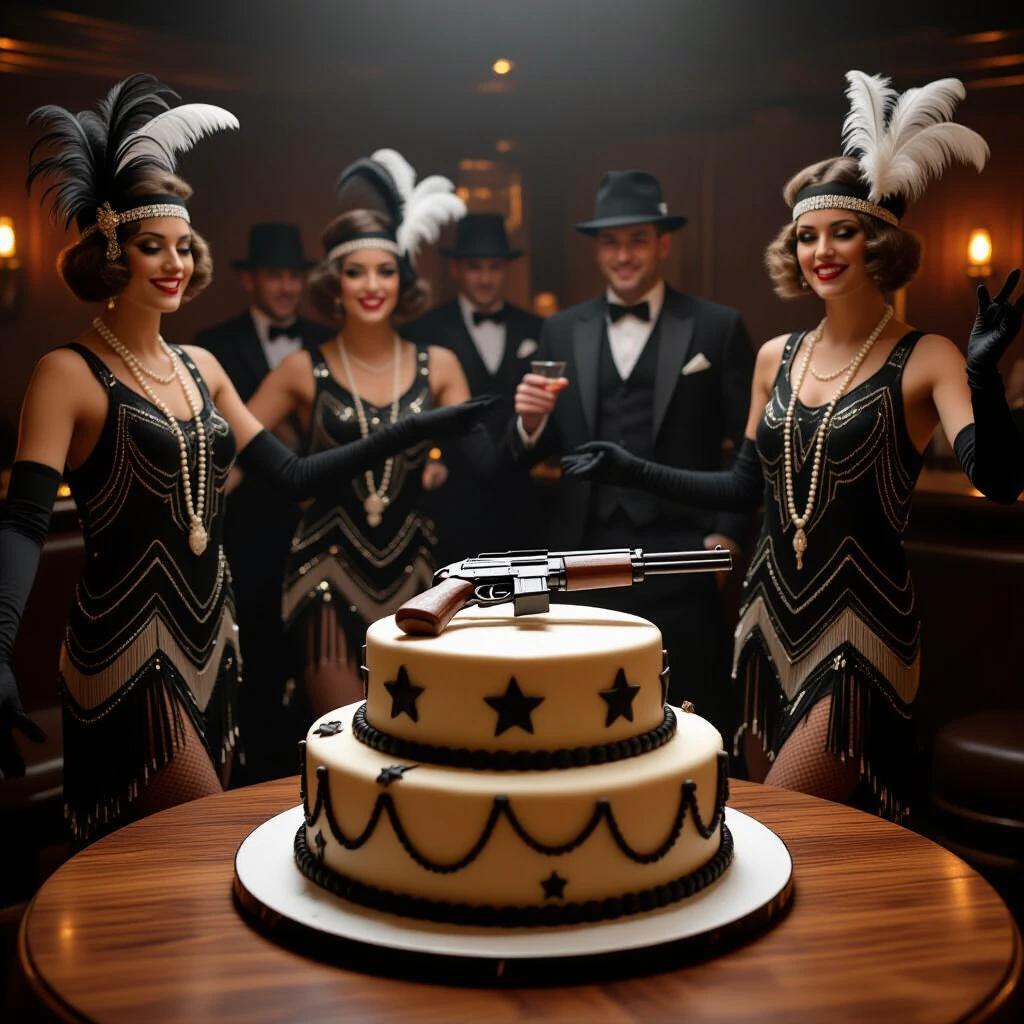 Surprise birthday party for a mob boss in a 1920s speakeasy. Cake shaped like a Tommy gun. Flappers dance with feathered fans. Realistic setting.