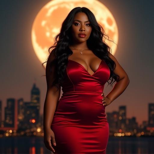 Confident plus size african american woman in a red dress against a night skyline with a large moon. The dress hugs her curves. Warm lighting enhances her beauty. She gazes at the viewer with power.