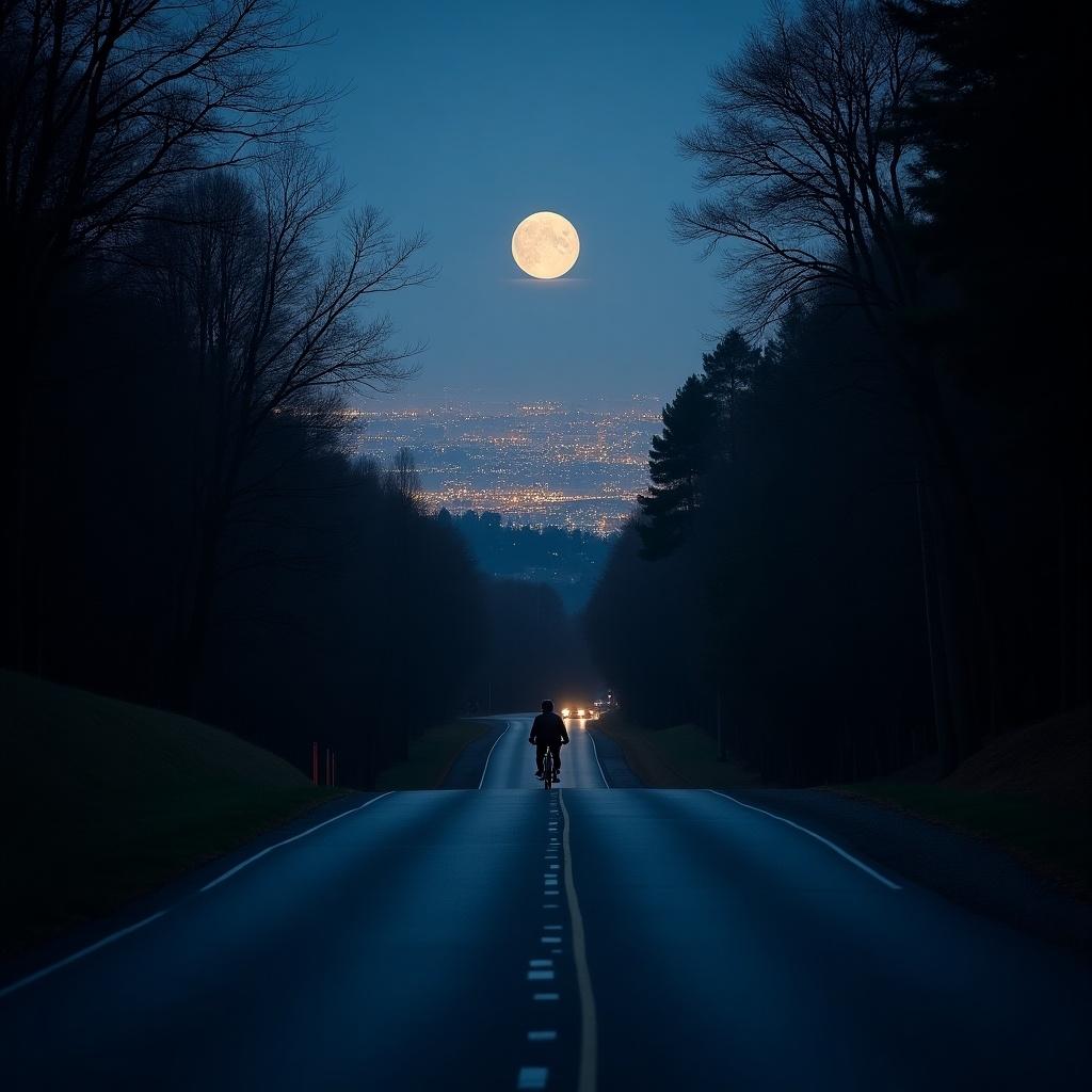 A serene moonlit road descends through trees towards a brightly illuminated city skyline with a bicycle moving down the hill.