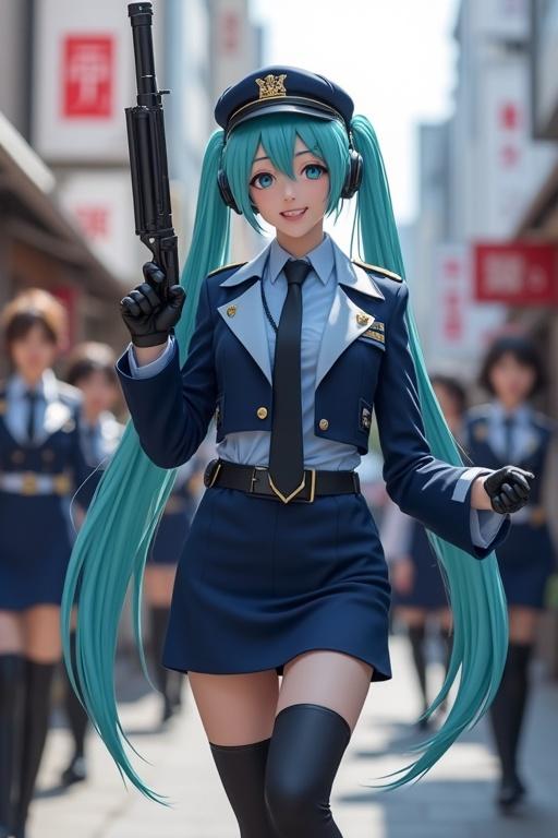 Hatsune Miku in a police uniform among Japanese women. Navy blue jacket with light blue shirt. Black tie, skirt, stockings, gloves, thigh-high boots. Carrying police shotgun. Singing and dancing in Japanese street.