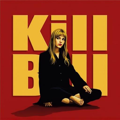 Create an HD Apple wallpaper inspired by the action film Kill Bill featuring a character in a stylish pose against a bold, colorful background.