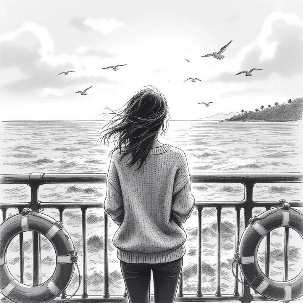 Pencil sketch of a young woman stands near ferry railing. She looks out at ocean. Wind lifts her hair and oversized sweater. Sunlight reflects on waves. Curved metal railing with lifebuoys. Seagulls and clouds in background. Tropical island silhouette in distance. Quiet, introspective comic style, light and emotion-driven.