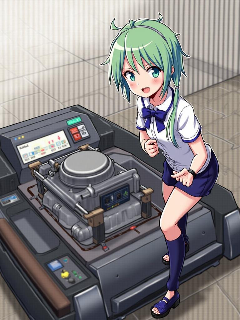 Anime character with green hair and blue eyes stands next to a futuristic machine. Character wears a white shirt, dark shorts, and sandals. Background is softly lit and simplistic.