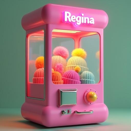 A hyper-realistic 3D animation of a Regina claw machine. Vertical format. Glossy pink machine on minimal green backdrop. Clear glass filled with colorful knitted hats. Soft ambient lighting. Neon Regina logos flicker. Chrome claw descends to grab a hat. Camera zooms in on action. HDR lighting highlights details.