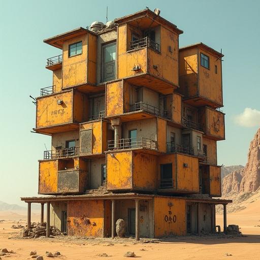 Reinforced survival pod stacked in a honeycomb-like residential block in the desert. Modular cube design made of sand-blasted alloy. Angular roofs deflect sun and sandstorms. No windows with projection screens. Scab armor with scrap metal and solar panels. Spiked eaves and razor-wire gutters. Blood lock door. Condensation traps on the roof. Sun-kite for power. Graffiti-like glyphs on walls. Hundreds of identical cubes stacked high. Narrow bridges and ladders connecting units. Crumbling elevator usually broken.