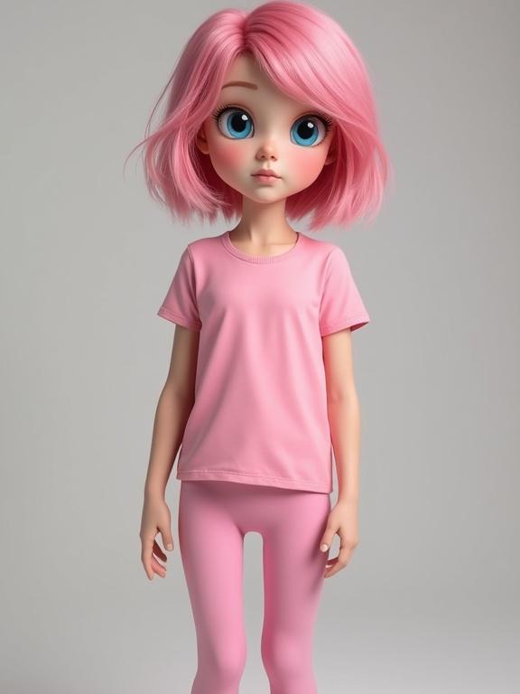 Image of a pink-haired teenage girl. She has a young baby face with a round shape. Her mid-length pink hair with a small chin accentuates her large blue eyes. The girl is in a full body view, dressed in a pink t-shirt and cute leggings. The leggings show the body's definition. The image should resemble a real 13-year-old girl.