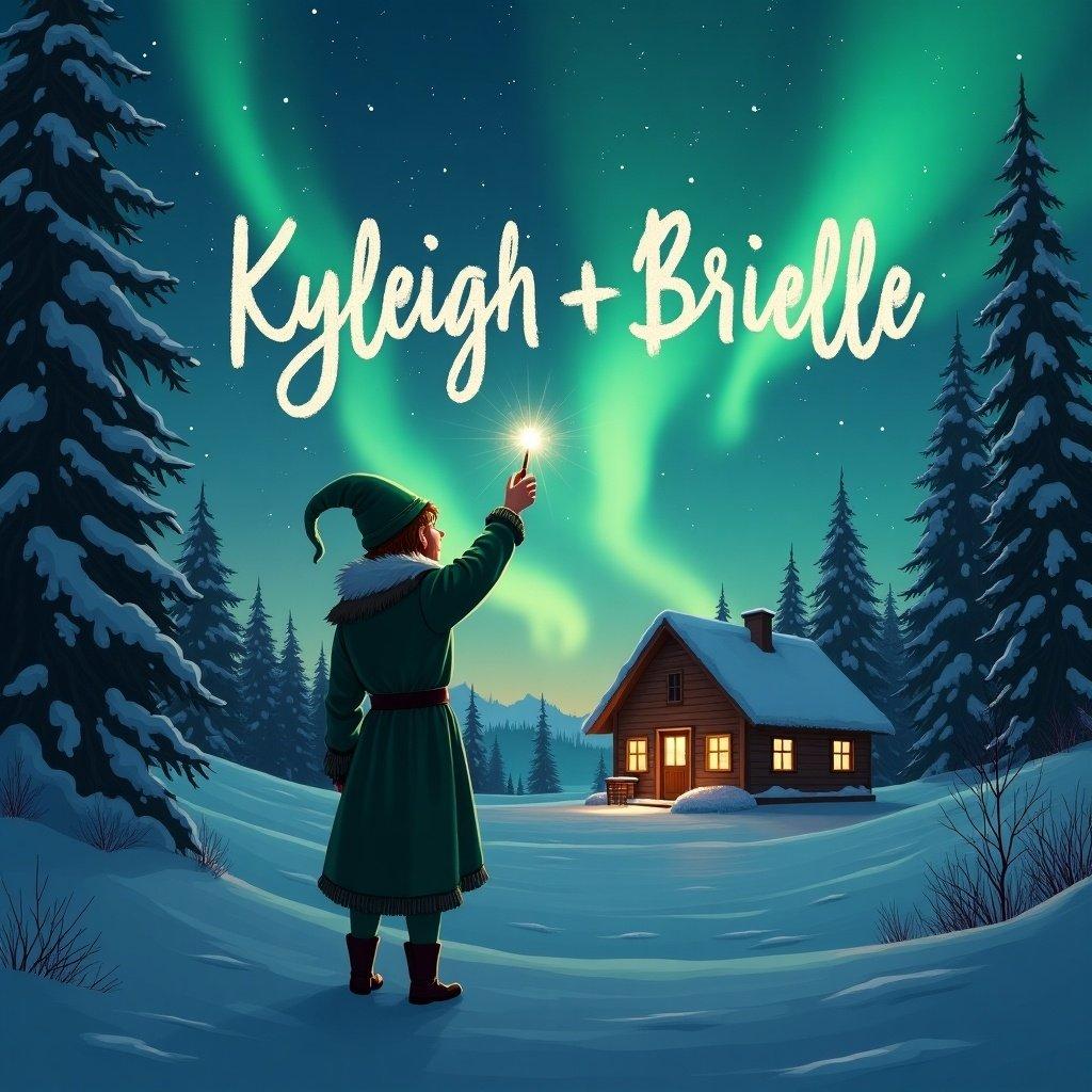 Elf stands with back to viewer. Elf writes names in air using a wand. Background features magical northern lights and a cozy cabin. Names Kyleigh and Brielle inscribed in the sky.