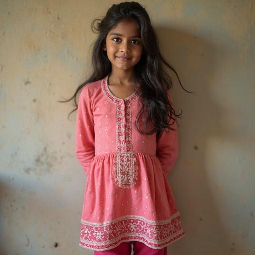 Portrait of a young girl wearing a pink kurti and leggings. Natural background with soft lighting. The girl smiles and stands confidently. She has long black hair. The outfit features beautiful embroidery.