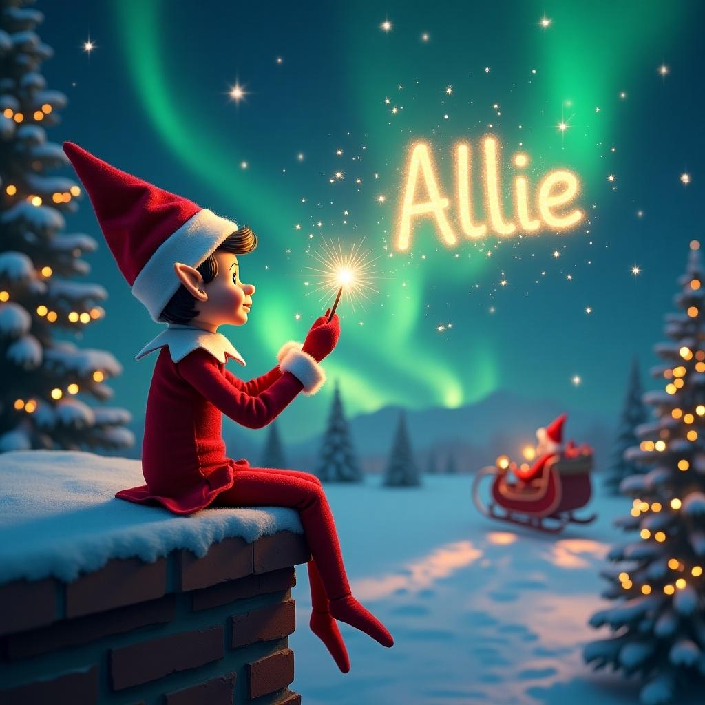 An elf on the shelf sits on a ledge, delighting in the magical moment. With a wand in hand, he gently writes the name 'Allie' in sparkling, shimmering letters that dance in the crisp night air. The enchanting backdrop features magnificent northern lights that illuminate the sky, casting a vibrant glow over the snow-covered landscape. In the distance, Santa Claus can be seen in his iconic sleigh, complemented by twinkling stars that add to the festive atmosphere. Dressed in a classic red elf outfit with a pointed hat, the elf embodies the spirit of the holiday season with joy and wonder.