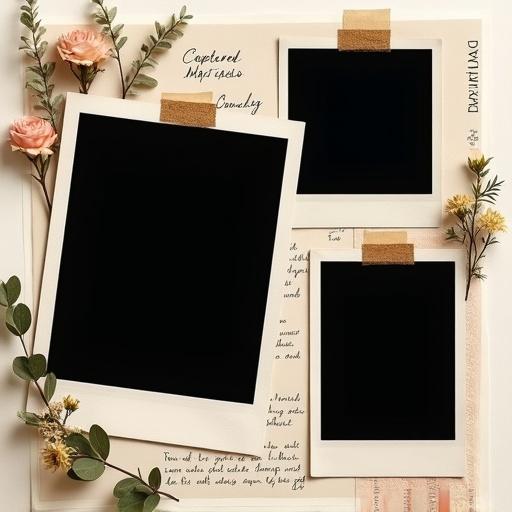 Wedding-themed photo collage in vintage film style. Three black-background photo frames with Polaroid edges. One rectangular frame placed diagonally as focal point. Second frame overlaps bottom left. Third frame layered behind top right. Dried flowers, pressed florals, and vintage elements decorate around the frames. Handwritten romantic words integrated throughout. Soft faded tones and warm palette emulate nostalgic vibes.