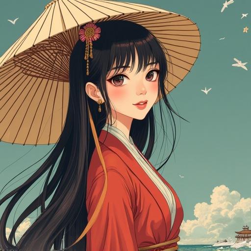 A beautiful woman dressed in traditional Japanese attire against a serene backdrop. She wears a large hat and has long hair. The setting reflects elements of Kyoto. Her expression is calm and inviting.