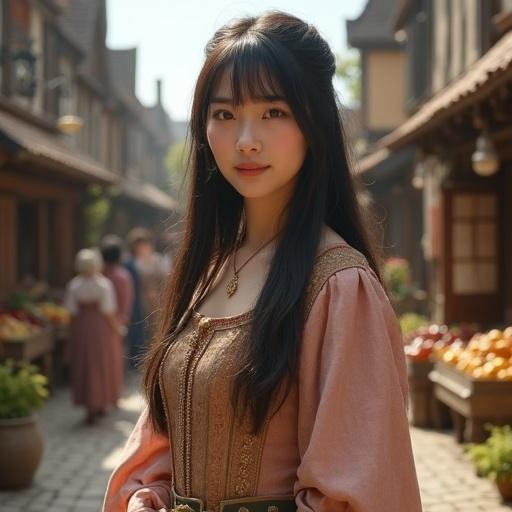 Portrait of a young medieval European townswoman with subtle Asian features. She has fair skin and warm brown eyes. Her hair is long and straight with a hime cut. She wears a noble-style outfit made of fine fabric in jewel tones. The dress has a structured corset and an elegant design. The setting is a lively medieval English marketplace with colorful stalls and timber-framed houses.