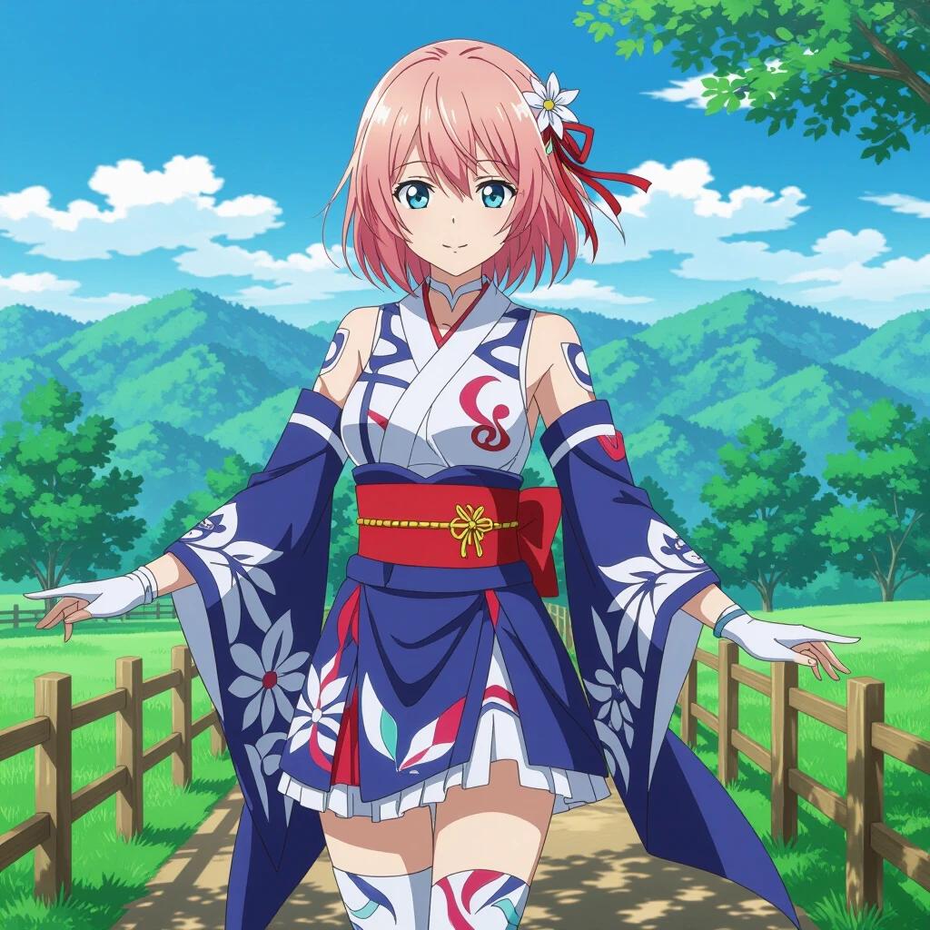 Anime character with short pink hair wearing traditional Japanese clothing standing on a path surrounded by trees and mountains. Bright day with a clear sky.
