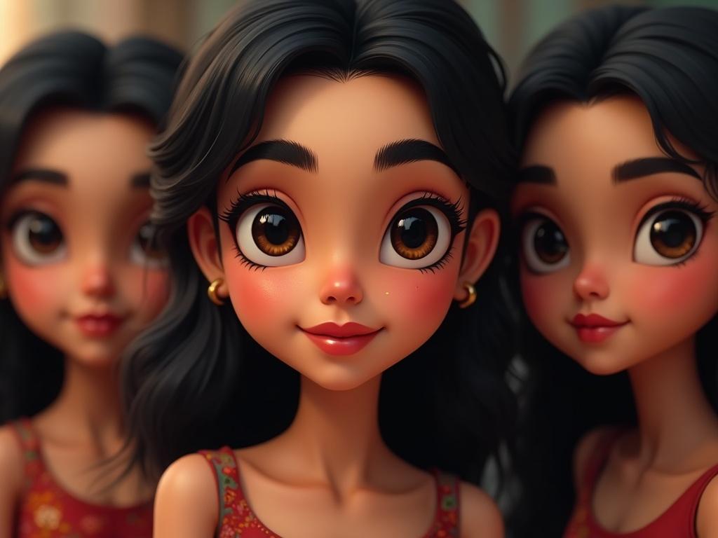 Image features several animated girls showcasing large almond-shaped eyes and black hair. They have warm brown skin, full red lips, and well-groomed eyebrows while wearing colorful outfits.