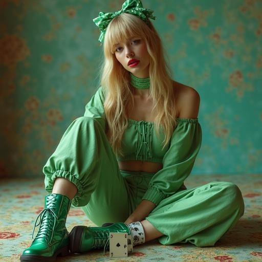 A young adult woman with long blonde hair and bangs poses in a whimsical outer space setting. She wears a fabulous light green outfit with card motifs, complemented by stylish green shoes. The background enhances the ethereal theme of outer space and fantasy.