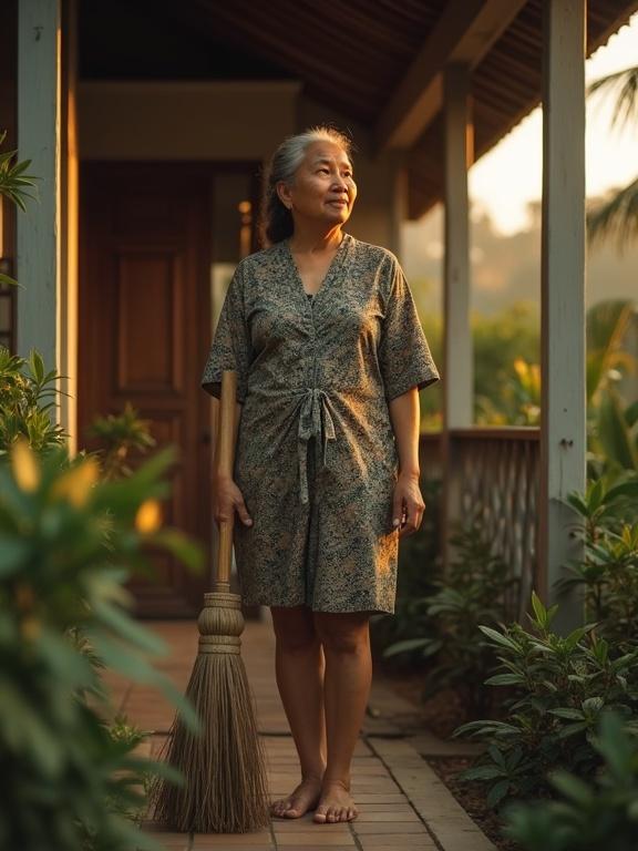 Cinematic portrait of modest Indonesian widow on front porch. Woman in batik-patterned dress with broom in hand. Gazing at neighbor's house. Soft golden hour lighting. Surrounded by tropical plants.