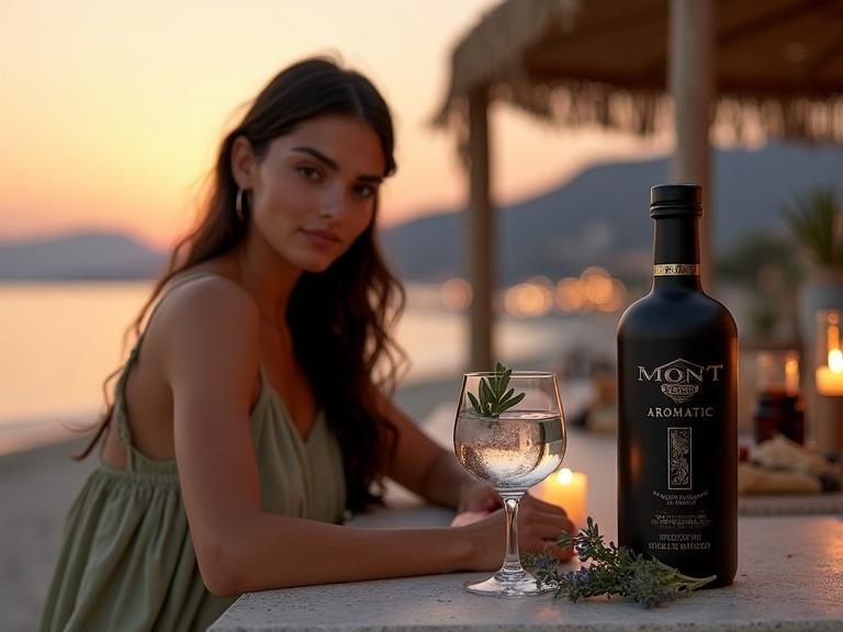 Generate a hyper-realistic product and lifestyle advertisement photograph for Mont Black Aromatic vodka in a summer beach bar. Setting is dusk on the Montenegrin coast. Female model with Mediterranean features wears a light dress. She holds a crystal glass of vodka with garnishes. Signature Mont Black Aromatic bottle is prominently displayed. Warm golden lighting and intimate ambiance completes the scene.