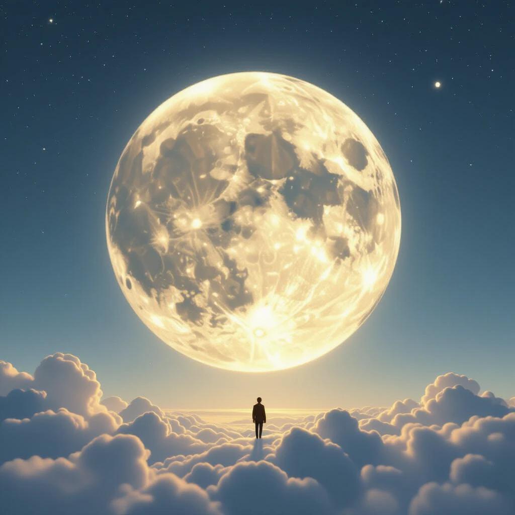 An expansive sky filled with fluffy clouds illuminated by a large, bright moon. A solitary figure stands atop the clouds, gazing upwards. Ethereal atmosphere enhances the magical setting.