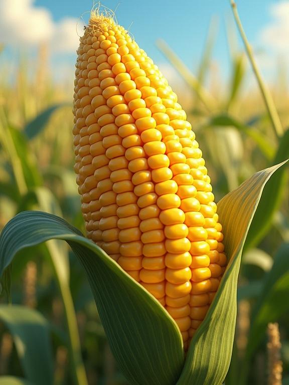 Close-up of an ear of corn on the stalk. Bright yellow kernels with green leaves. Soaring background of cornfield and blue sky. Natural sunlight illuminating the scene.