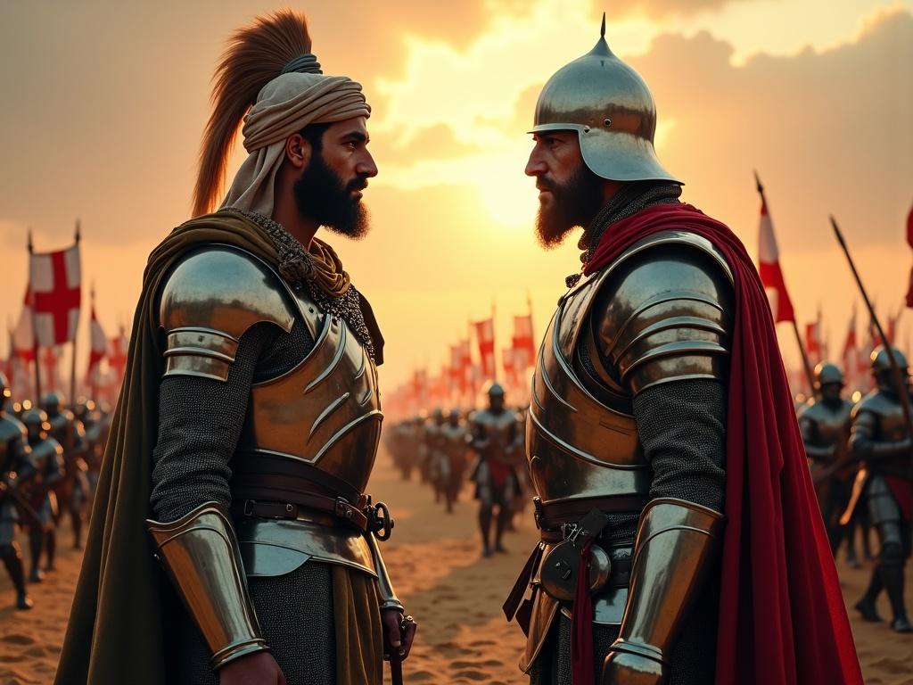 Cinematic highly detailed historical scene featuring Saladin and Richard the Lionheart standing face to face in the foreground wearing authentic 12th-century battle armor. Saladin wears traditional Islamic military attire with a turban chainmail and a curved sword while Richard is clad in polished armor a red crusader cloak and holds a broadsword. Both show fierce intensity with determination and rivalry in their expressions. Behind them vast armies of medieval soldiers align across the desert battlefield Saladin's forces display white-and-green banners while Richard’s knights display red-cross banners. Dynamic war setting in the background with charging troops raised weapons and fluttering banners under a dramatic sunset sky. High-resolution digital painting with cinematic lighting rich textures and deep perspective.
