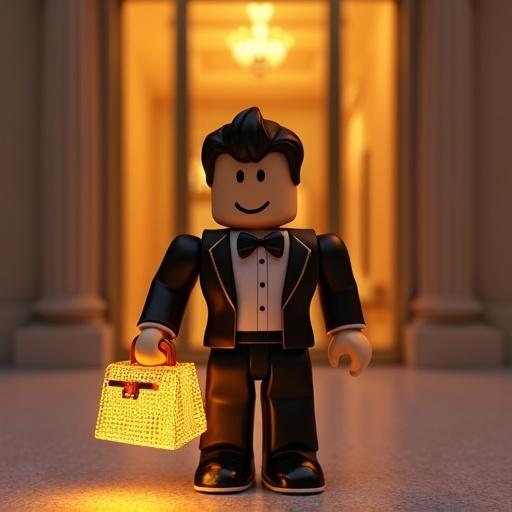 Luxury Roblox avatar holds miniature Hermès Kelly bag glowing with gold light. Standing in front of VIP boutique entrance. Elegant architecture background.