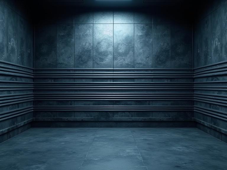 Dark atmospheric cinematic interior space with horizontal parametric line pattern on the wall. Silver sleek organic round parametric lines create a sci-fi look. Smooth floor reflects light. Dark blue filter enhances the ambiance.