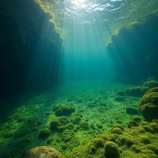 Underwater view at the bottom of a pond. Sunlight shines through the surface of the water. Algae and rocks are visible. The scene is peaceful and serene.