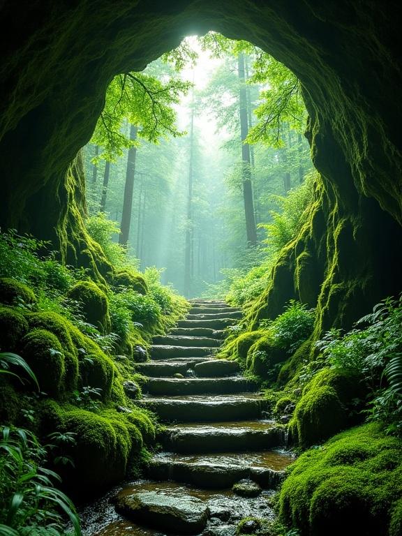 Moss-covered grotto with stone steps leading into a vibrant forest. Sunlight shines through tall trees, illuminating misty air. Rich green foliage and tranquil water streams enhance natural beauty.