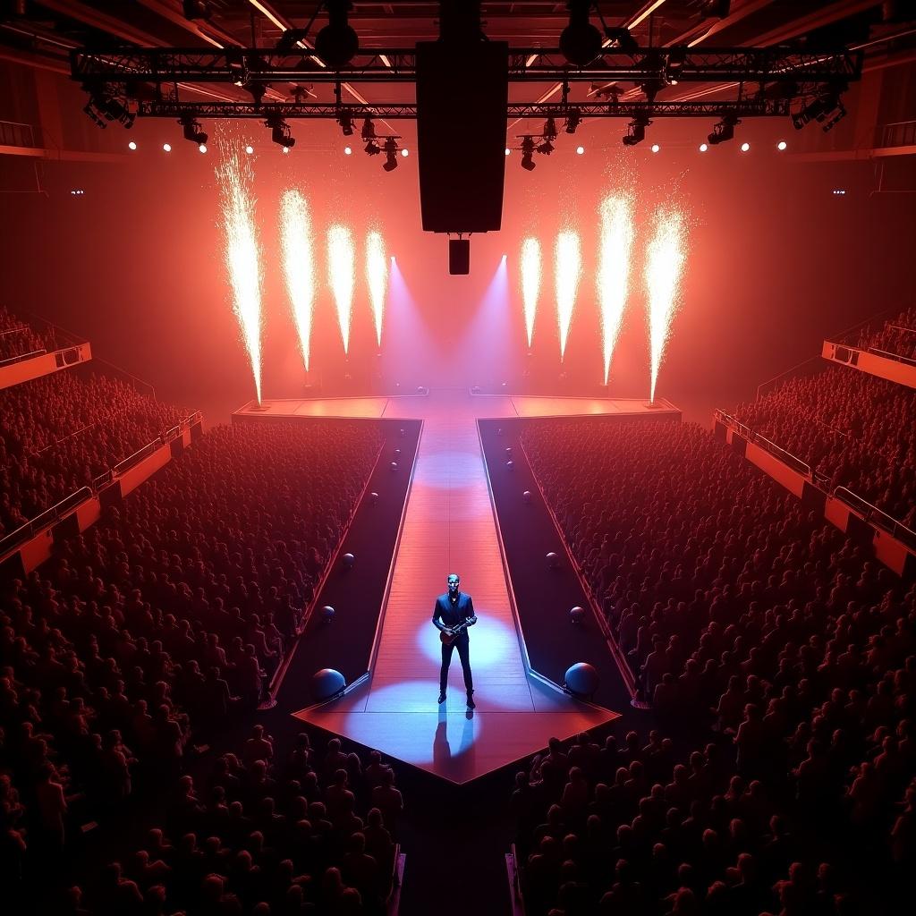 Aerial view of a concert stage featuring Roddy Rich at Madison Square Garden. T-stage runway illuminated with dramatic lighting and pyrotechnics. Large audience seated in the background.