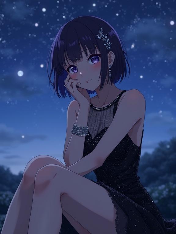 A medium shot featuring a confident anime lady with short dark violet hair and purple eyes. She wears a black sparkly evening dress with a sheer mesh neckline and elegant jewelry. The scene is set outdoors under a starry night sky with moonlight creating a romantic atmosphere. Her hand rests on her chin as she gazes confidently. The focus is on her figure against the beautiful background.