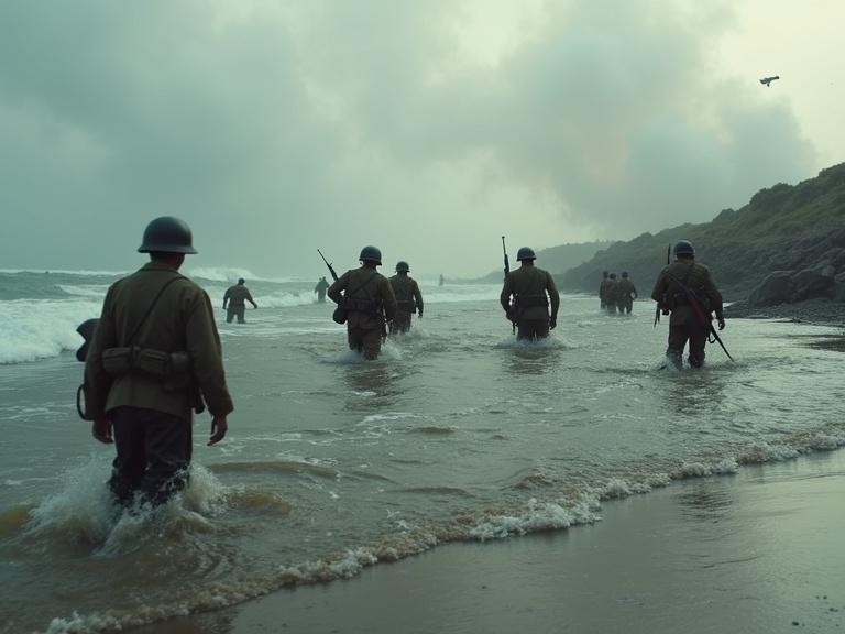 Soldiers landing on a beach. The image portrays a grim atmosphere with smoke and challenging conditions. Soldiers navigate treacherous water while facing obstacles during the D-Day landings.