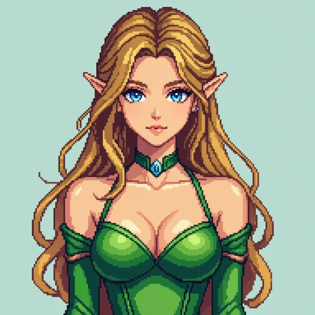 Elf woman character depicted in pixel art. Features anime-style elements. Character has long light brown hair and bright blue eyes. She wears a revealing green outfit. Appearance blends fantasy and retro gaming aesthetics.