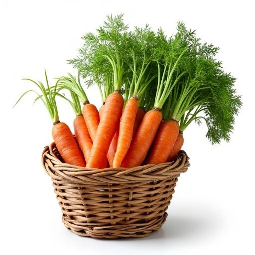 A basket filled with fresh carrots on a white background. Carrots are vibrant orange with green leafy tops. The basket is woven and round, highlighting the carrots' freshness and natural appeal.