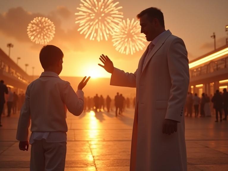 A sunset scene featuring a little boy in a white outfit and a man dressed as a host welcoming him. Both figures are silhouetted against a vibrant sunset, with fireworks in the sky hinting at a festive occasion. The scene captures a celebratory atmosphere with a large building indicating an event venue.