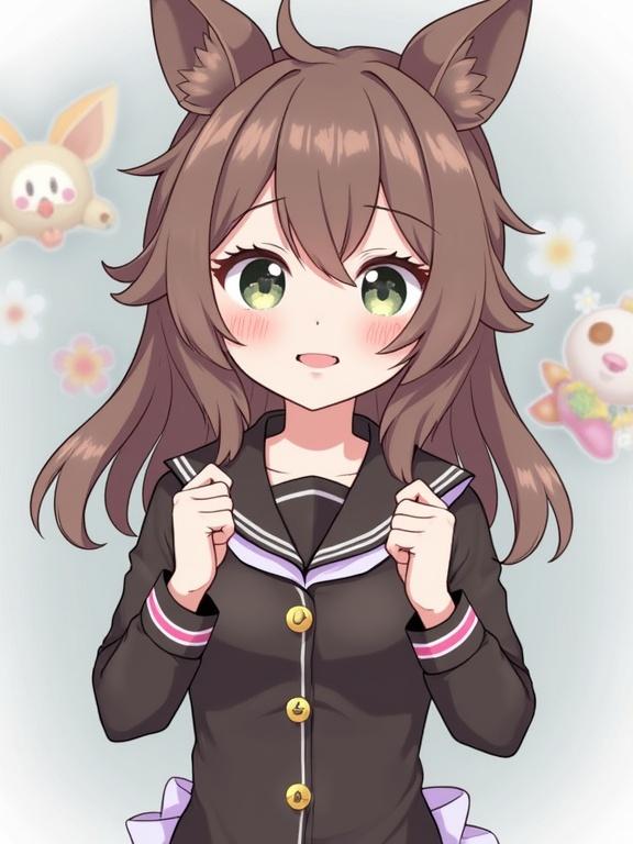 Cute girl in sailor uniform with cat ears. Bright background with playful elements. Brown hair and green eyes. Happy expression.