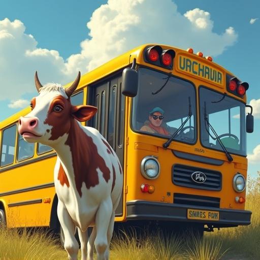 A cow standing near a yellow school bus in a sunny landscape. Bright colors with a cheerful atmosphere. Cow looking at the viewer. Bus has a sign on it.